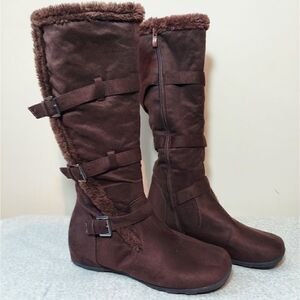 Faux Fur Suede High Side Buckle Boots
